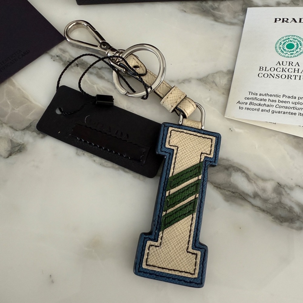 PRADA Keychain Letter "I" Leather White & Blue Keyring Authentic